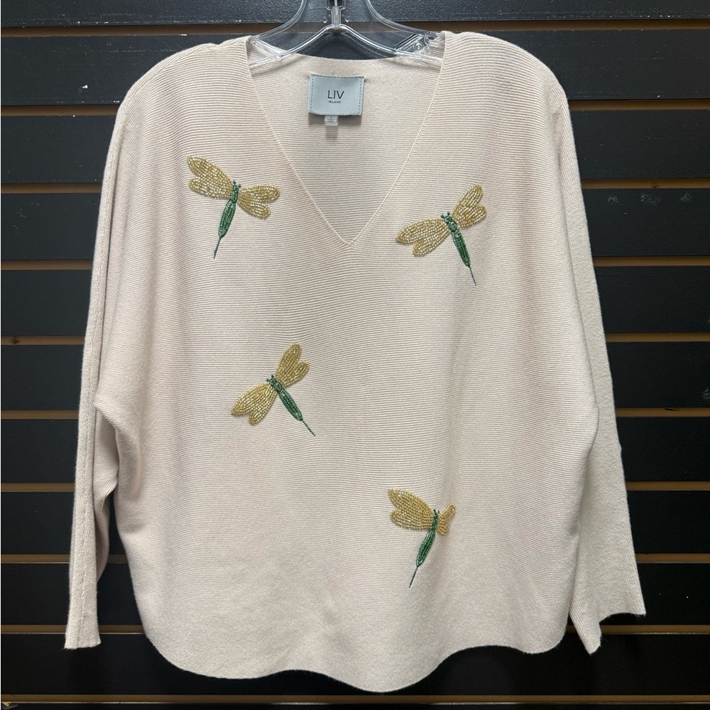 LIV Milano Dragonfly Sweater Size L Beaded V Neck